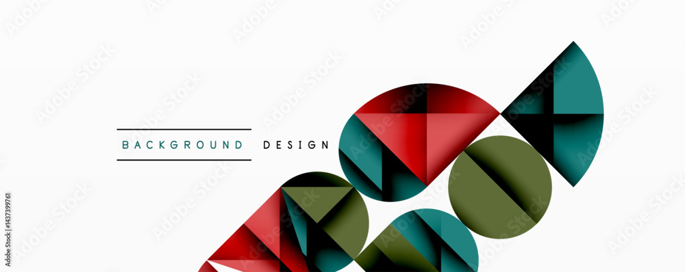 Poster abstract geometric shapes form dynamic composition. red, teal, olive hues dominate minimalist design
