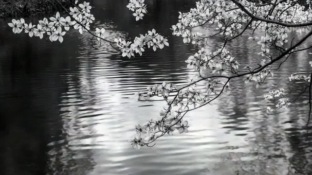Monochromatic lake reflecting tree branches with dogwood blossoms, rippled water and elegant spring beauty in nature scenery for background