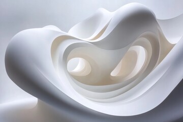 Abstract, flowing, white forms intertwine in a dynamic composition.  Soft light highlights the sculpted, organic shapes