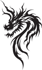 Dragon tattoo design, vector illustration, Dragon logo, black and white illustration of a stylized dragon, transparency background.