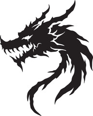 Dragon tattoo design, vector illustration, Dragon logo, black and white illustration of a stylized dragon, transparency background.