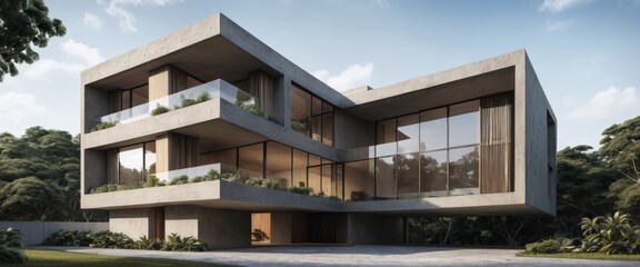 A sleek, modern house featuring a striking blend of concrete and glass, showcasing large windows that invite natural light and offer stunning outdoor views.