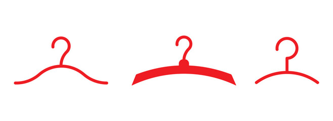 Vector Design Clothes Hanger Icon Style. Red towel hanger vector icon set. Cloth hanger red icon set, Hanger for cloakroom or closet. Hang for coat, shirt or suit, towel. Hook sale logo. 