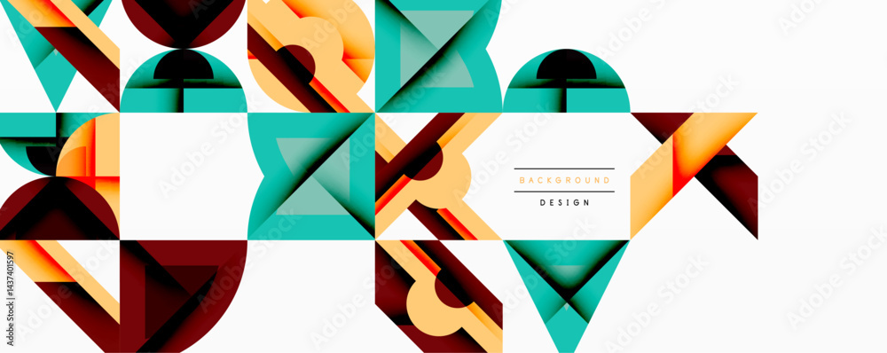 Poster Geometric patterns create modern design. Shapes overlap, forming abstract composition. Colors include teal, orange, brown, beige. Minimalist aesthetic.