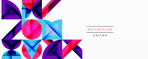 Abstract geometric shapes, vibrant colors, modern design. Composition features triangles, circles, overlapping forms. Minimalist aesthetic.