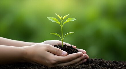 A hand gently holding a young green sprout, symbolizing new life and growth in nature's care