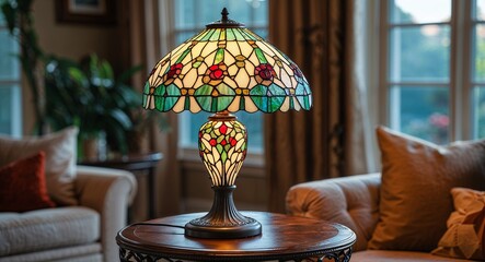 Tiffany style stained glass lamp on side table in living room background