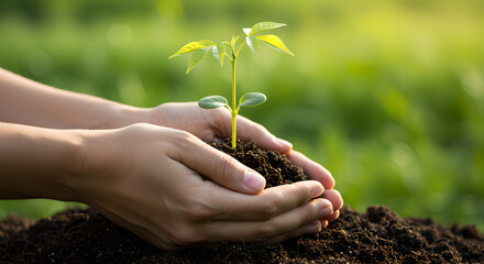 A hand gently holding a young green sprout, symbolizing new life and growth in nature's care