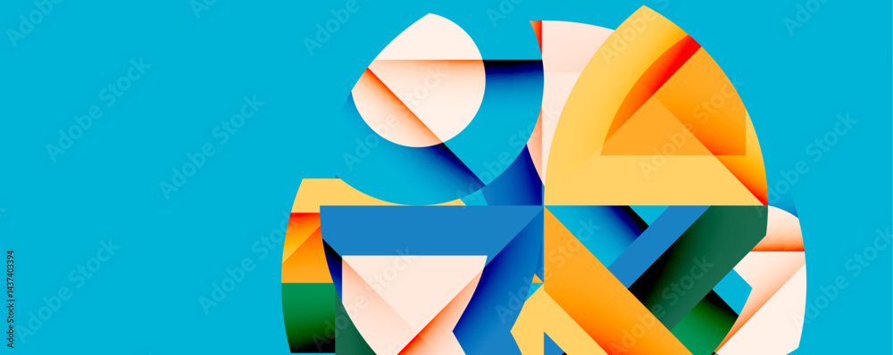 Poster Abstract geometric shapes overlap, creating vibrant composition. Blue background emphasizes colorful forms. Modern design element.