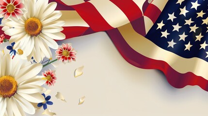 Obraz premium Flag Day Flower Background: Weaving Blooming Flowers with the National Flag, Spreading a Magnificent Chapter of the Integration of National Flag's Dignity and a Multitude of Colors