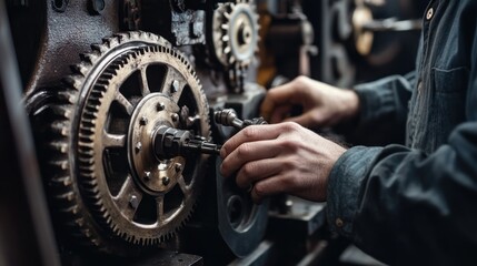 Machinist carefully working on antique gears