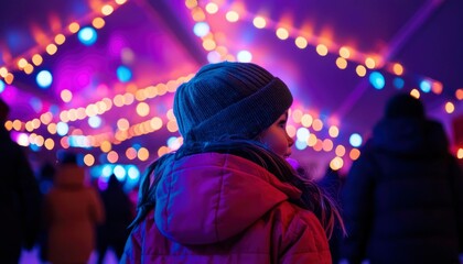Fototapeta premium Child on ice rink, vibrant lights