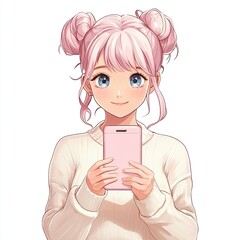 Cute girl with pink hair and phone.