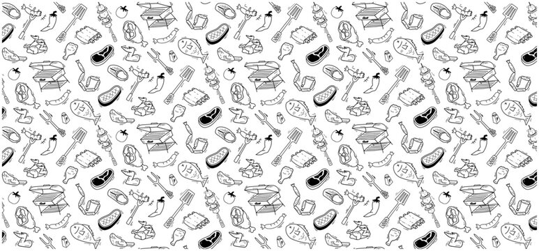 bbq steak beef doodle seamless pattern background food barbeque party