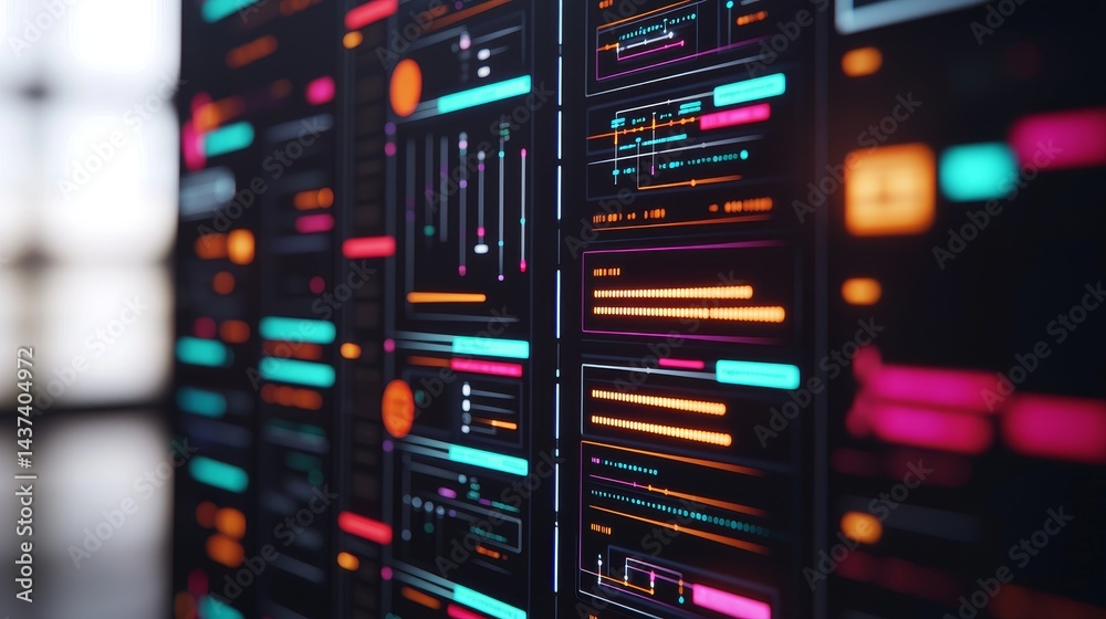 Poster digital interface with colorful data visuals and technology elements.