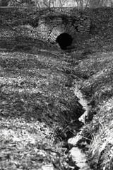 Monochrome concept of a stone drain at the end of a small streambed in a small hollow of the park vertical orientation