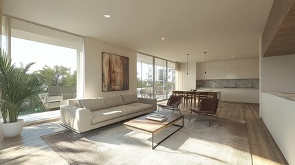 A modern minimalist living room interior with Scandinavian furniture in neutral tones, large windows bringing in plenty of natural light, abstract wall art, clean lines and smooth design.