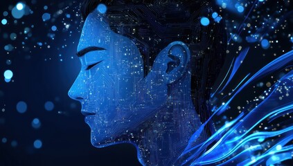 Serene man, city lights, dark background, digital art, website header