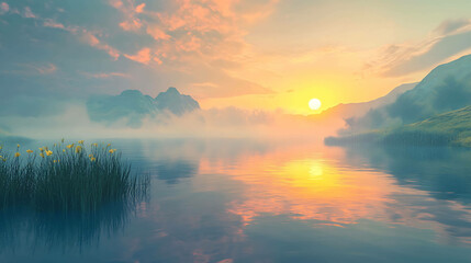Fototapeta premium Scenic sunrise over a serene lake surrounded by mist-covered hills