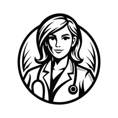 Monochrome Icon of a Female Doctor With Stethoscope in Circular Frame, Minimalist Design