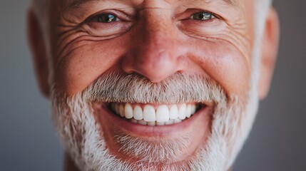 Senior man with white beard and mustache smiling broadly, revealing perfect teeth, conveying happiness, health, and well-being in old age thanks to proper dental care