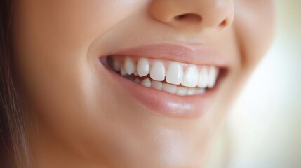 Fototapeta premium Close-up of a beautiful smiling woman displaying perfect white teeth, embodying the essence of good oral hygiene and promoting overall dental health and wellness