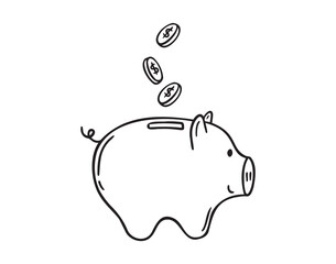 Bank coin piggy doodle hand drawn icon. Outline drawing coin piggy bank line clipart symbol