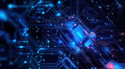 Obraz premium Abstract circuit board design with glowing blue and pink lines. Complex network of interconnected pathways
