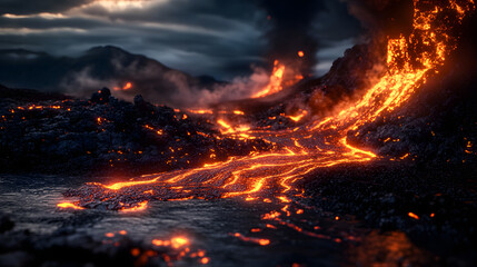 A river of red-hot lava flowing down from a volcano, illuminating the dark volcanic landscape and surrounding area with a fiery, glowing intensity.