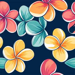 Fototapeta premium Floral Tapestry: A vibrant and colorful display of exotic plumeria blossoms creates a mesmerizing floral pattern, evoking feelings of warmth, joy and tropical paradise.