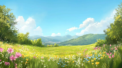 Fototapeta premium Tranquil meadow with wildflowers under a clear sunny sky