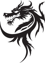 Dragon tattoo design, vector illustration, Dragon logo, black and white illustration of a stylized dragon, transparency background.