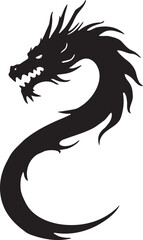 Dragon tattoo design, vector illustration, Dragon logo, black and white illustration of a stylized dragon, transparency background.