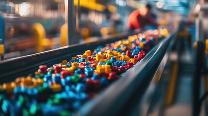 Obraz premium Colorful toy blocks flow along a manufacturing conveyor