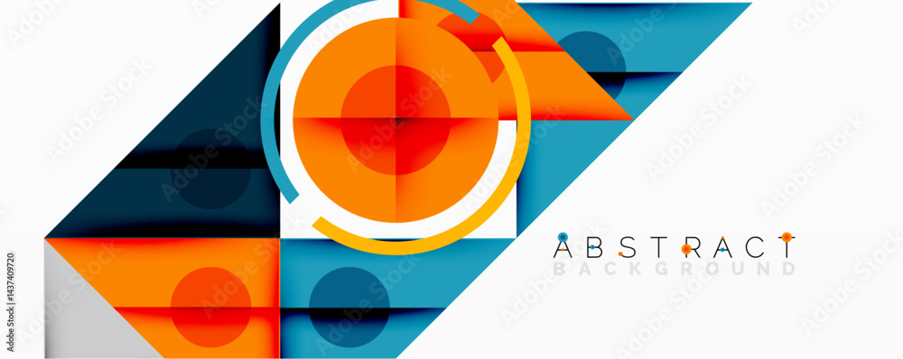 Poster geometric shapes overlap creating vibrant abstract composition. orange, blue tones dominate design, 