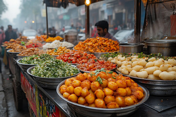 Obraz premium Vibrant food stalls offering a variety of dishes during the Ganesh Chaturthi celebration near the festive pandal