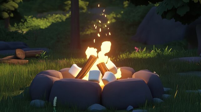 Cozy campfire scene in a forest at dusk.  Marshmallows roasting over a crackling fire