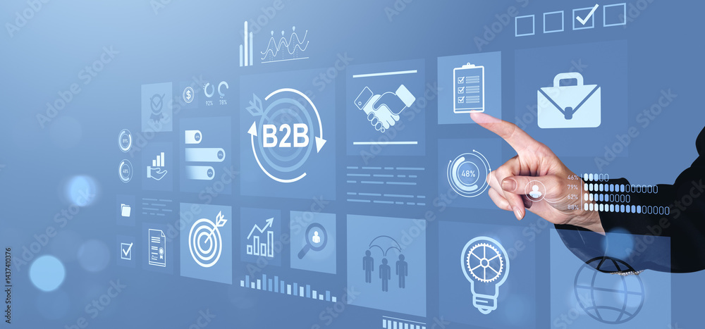 Poster business technology interface with b2b icons and analytics on digital screen..