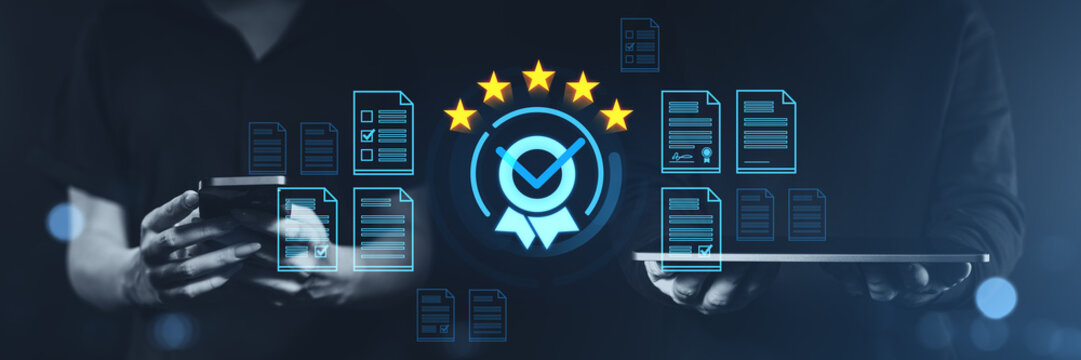 Digital compliance and certification concept with documents and quality check icons.
