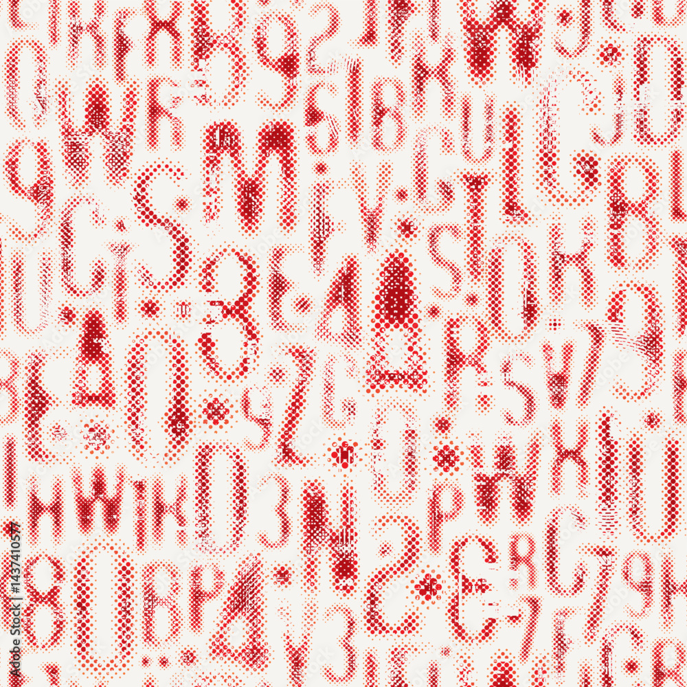Poster hand drawn seamless pattern with a font consisting of dots. on the theme of matrix print, computer g