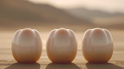 Three decorative spheres sit on a reflective surface against a muted landscape