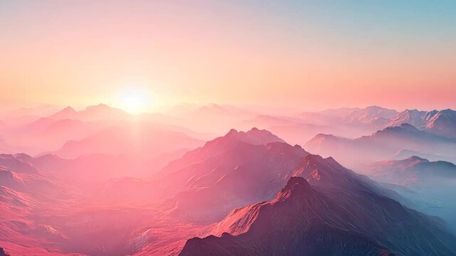Fiery orange and red hues paint the mountain landscape at sunrise, a breathtaking panorama under a sky brushed with clouds and lingering fog