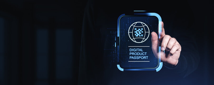 Man touching digital product passport hologram interface for authentication concept. - Powered by Adobe