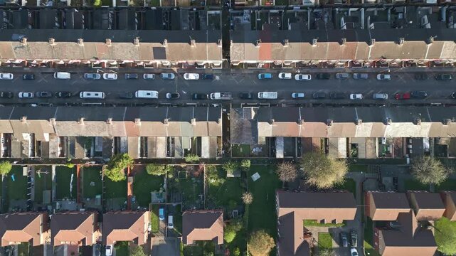 Overhead aerial view, street of terraced houses in Bootle, a suburb of Liverpool, England