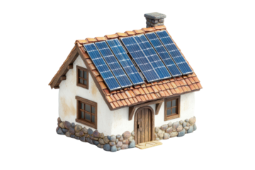 Stylish sustainable 3D home with rooftop solar panels isolated cleanly on a white background