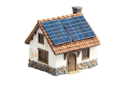 Stylish sustainable 3D home with rooftop solar panels isolated cleanly on a white background