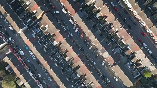 Overhead view of terraced houses and streets in Bootle, Liverpool, England