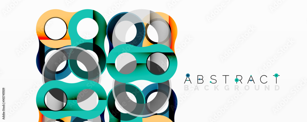 Poster geometric pattern features overlapping circles, squares. teal, orange, gray colors create modern des