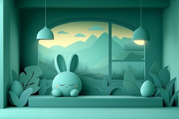 Serene teal room with bunny, eggs, and mountain view