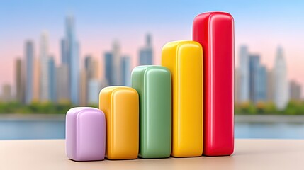 Colorful 3D Bar Graph Showing Growth Against a Blurred Urban Cityscape Background